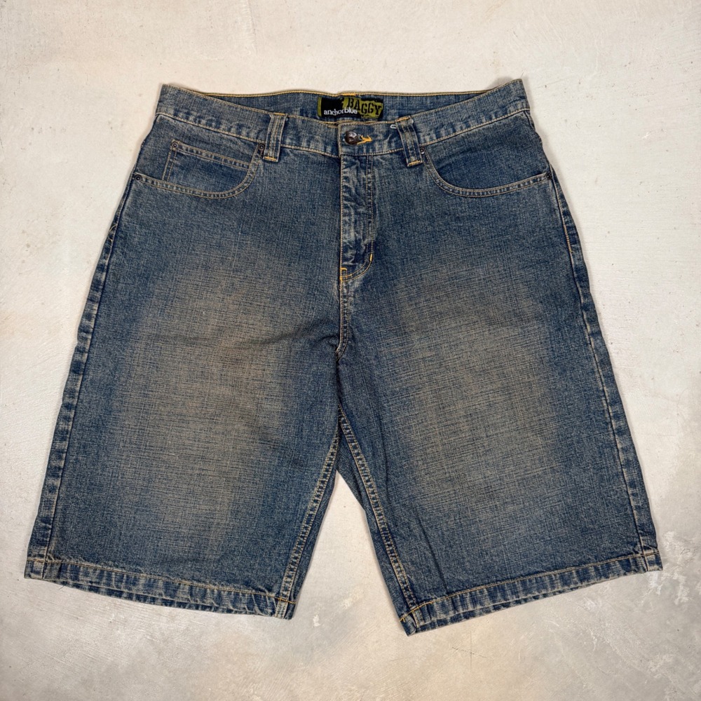 Vintage Anchor Blue Baggy Denim Shorts Mens 34 Blue Skater Y2K Jorts 90s Relaxed